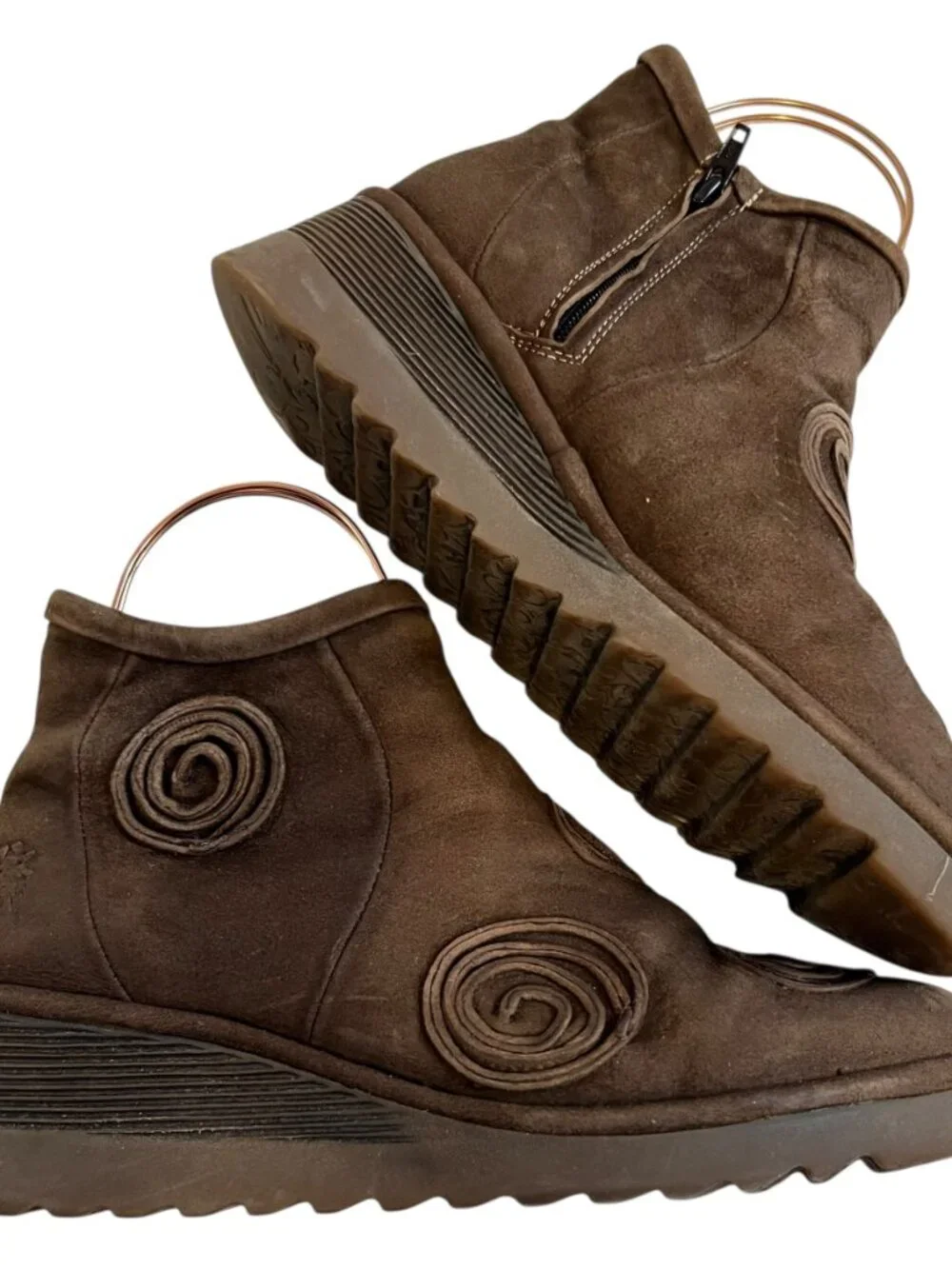 Fly London boots brown suede swirl design zip up booties 40 9 9.5 wedge
